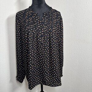 Adrianna Papell Black Heart Print Pleated Button-Front Blouse Long Sleeve Womens
